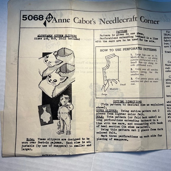 Anne Adams Vintage Mail Order Pattern #5068 Kitten Slippers Multiple Sizes - Picture 4 of 5